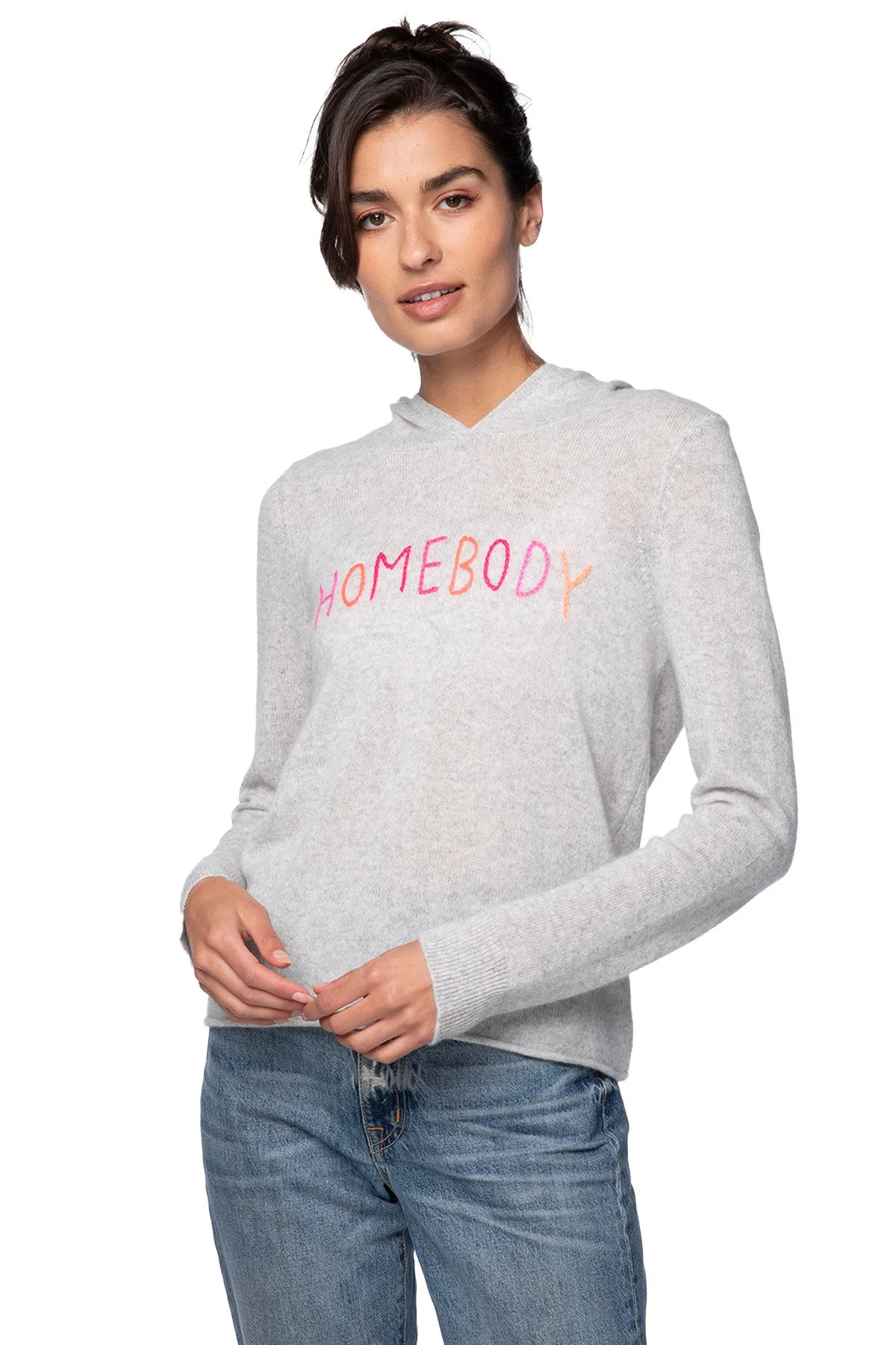 100% Cashmere Hoodie Sweater with Embroidery Stitch in Homebody