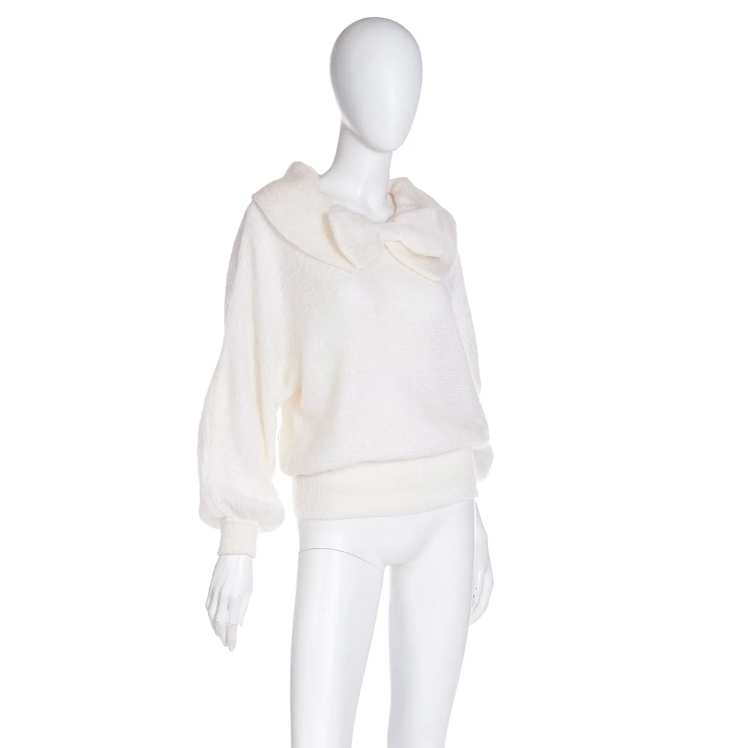 1980s Italian White Mohair Wool Blend Bow Sweater w Wide Collar