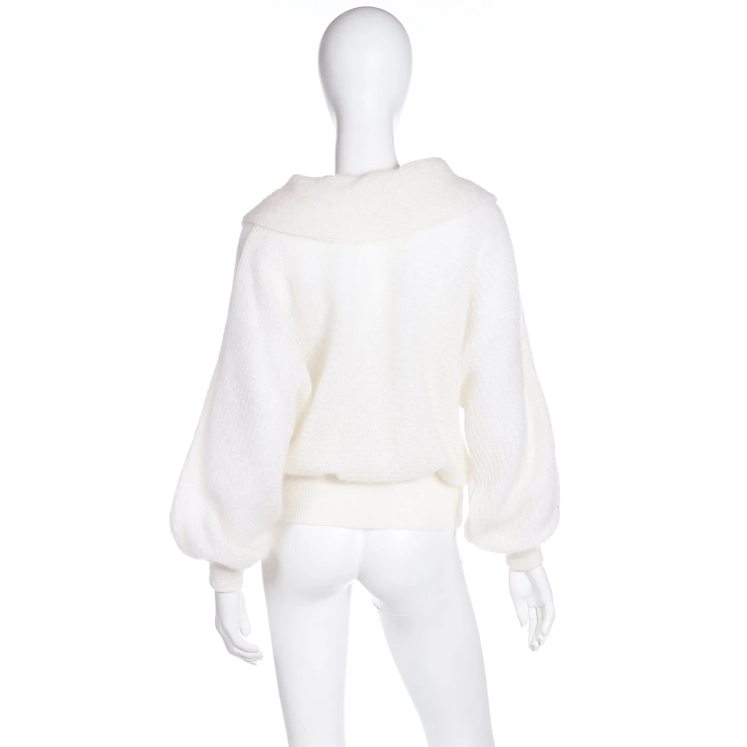 1980s Italian White Mohair Wool Blend Bow Sweater w Wide Collar