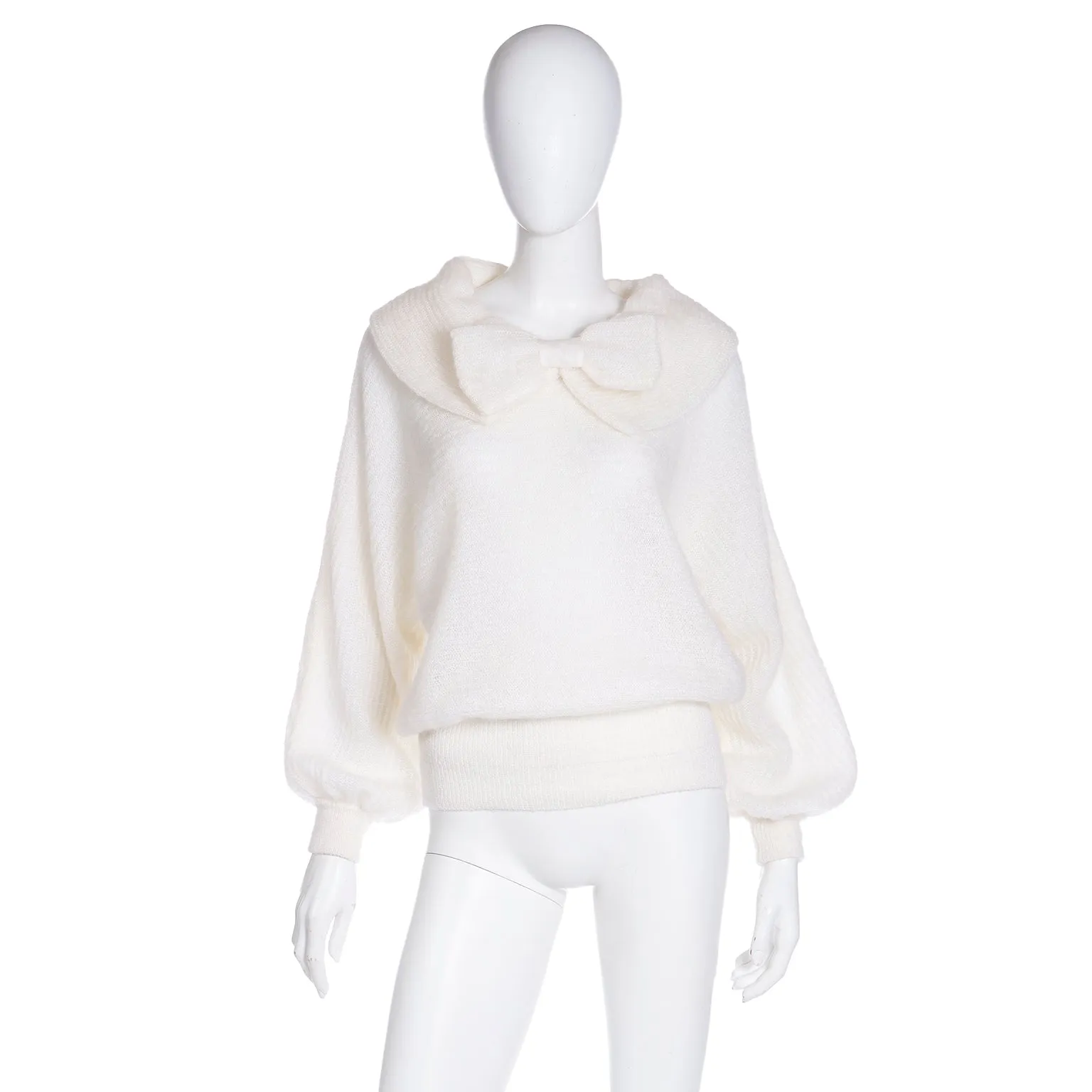 1980s Italian White Mohair Wool Blend Bow Sweater w Wide Collar