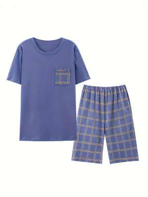 2-Piece Mens Pajama Set - Ultra-Comfortable Short Sleeve Shirt & Soft Shorts with Stylish Geometric Pattern, Perfect for Warm Weather, Spring and Summer Seasons