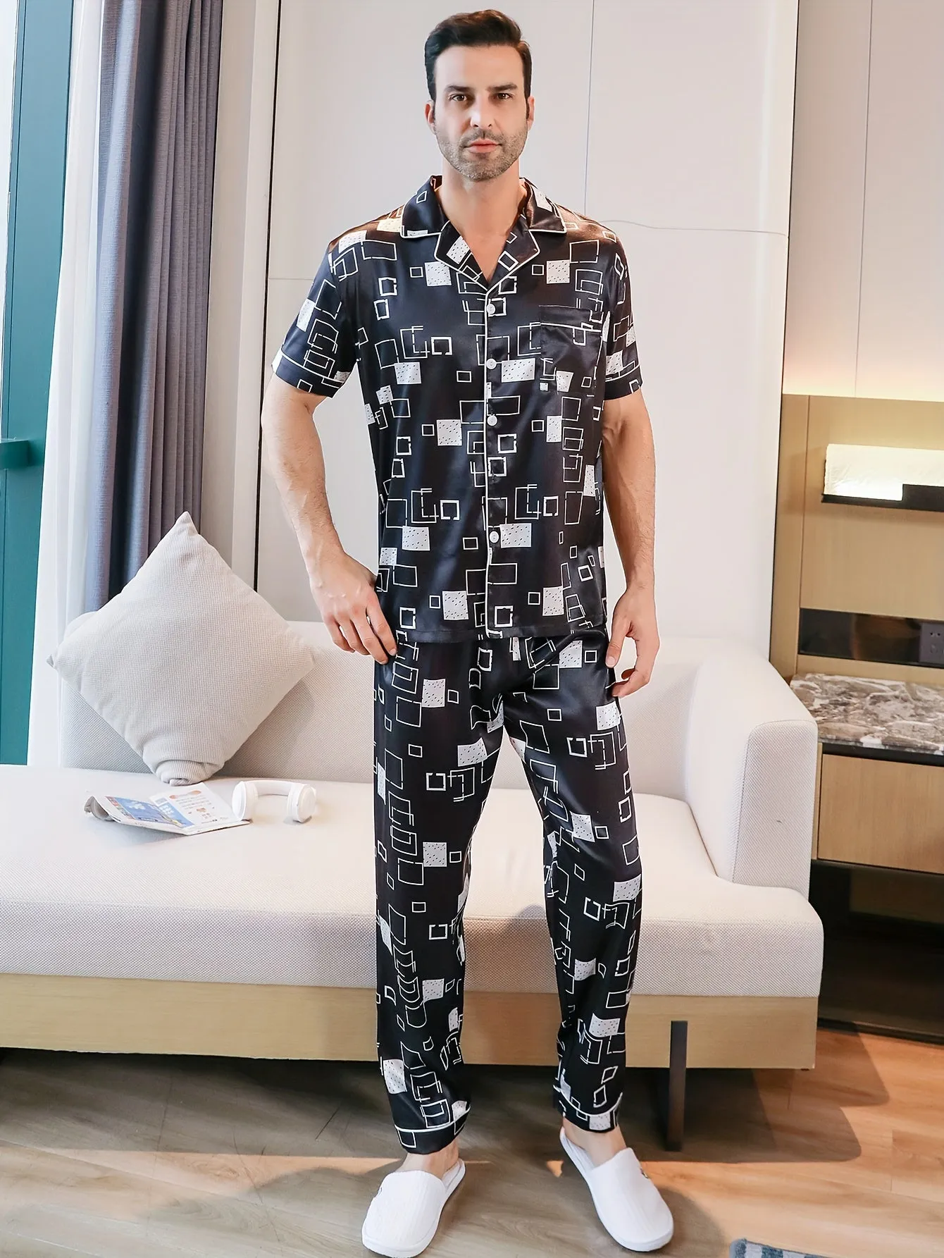 2PCS Mens Lightweight Summer Pajama Set - Stylish Geometric Pattern, Short Sleeve Lapel Shirt & Elastic Waist Loose Pants - Perfect for Indoor Lounging & Warm Weather Comfort