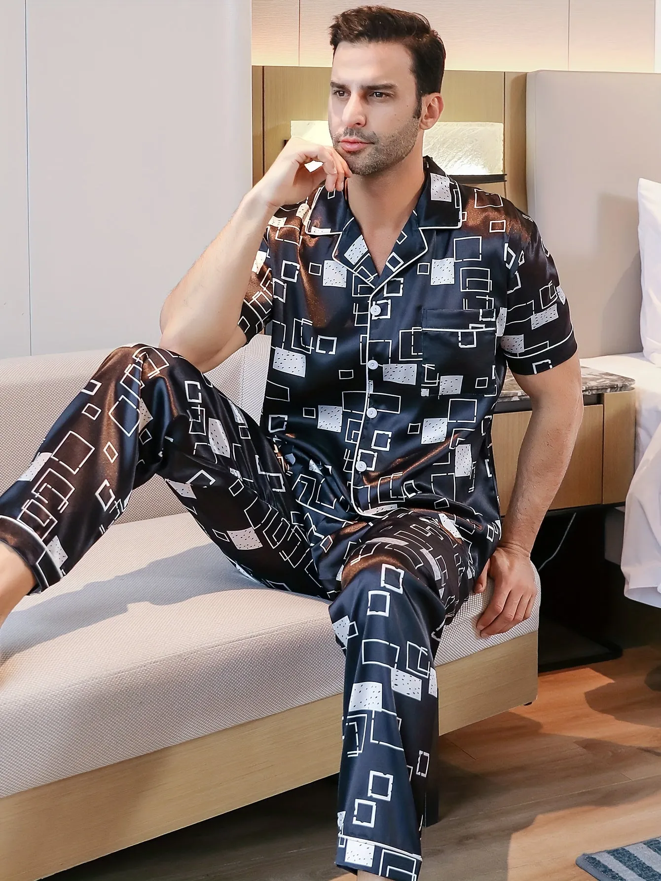 2PCS Mens Lightweight Summer Pajama Set - Stylish Geometric Pattern, Short Sleeve Lapel Shirt & Elastic Waist Loose Pants - Perfect for Indoor Lounging & Warm Weather Comfort