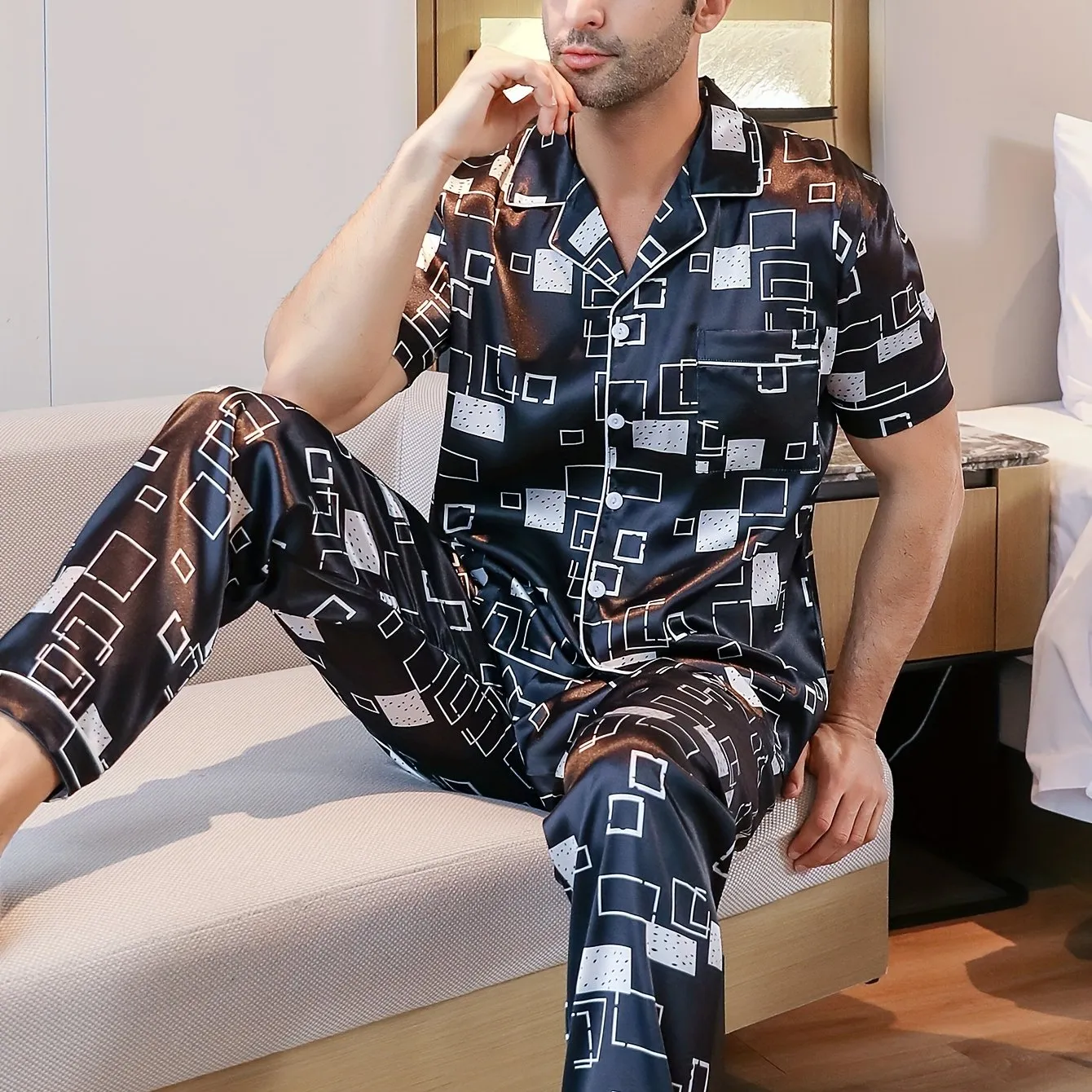 2PCS Mens Lightweight Summer Pajama Set - Stylish Geometric Pattern, Short Sleeve Lapel Shirt & Elastic Waist Loose Pants - Perfect for Indoor Lounging & Warm Weather Comfort