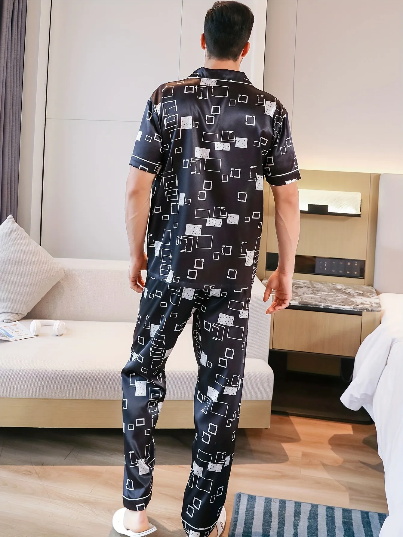 2PCS Mens Lightweight Summer Pajama Set - Stylish Geometric Pattern, Short Sleeve Lapel Shirt & Elastic Waist Loose Pants - Perfect for Indoor Lounging & Warm Weather Comfort