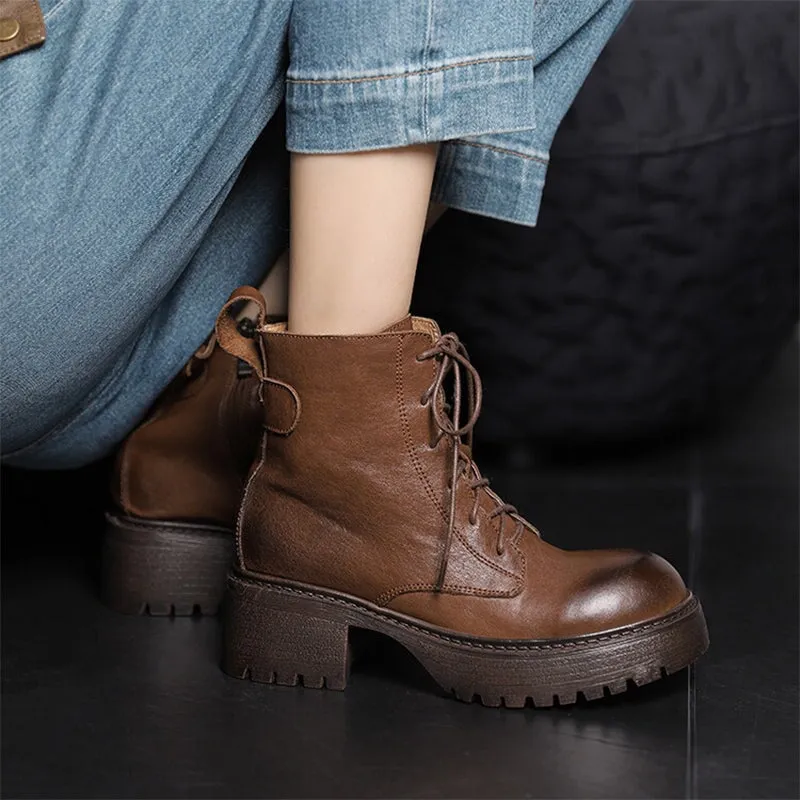 50mm Platform Boots Lace up Leather Martin Boots Handmade Round Toe Combat Boots in Black/Brown