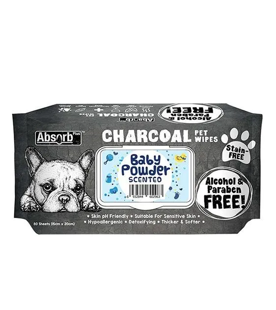 Absorb Plus Charcoal Alcohol & Paraben Free Pet Wipes (Baby Powder, 80pcs)