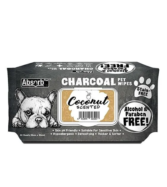 Absorb Plus Charcoal Alcohol & Paraben Free Pet Wipes (Coconut, 80pcs)