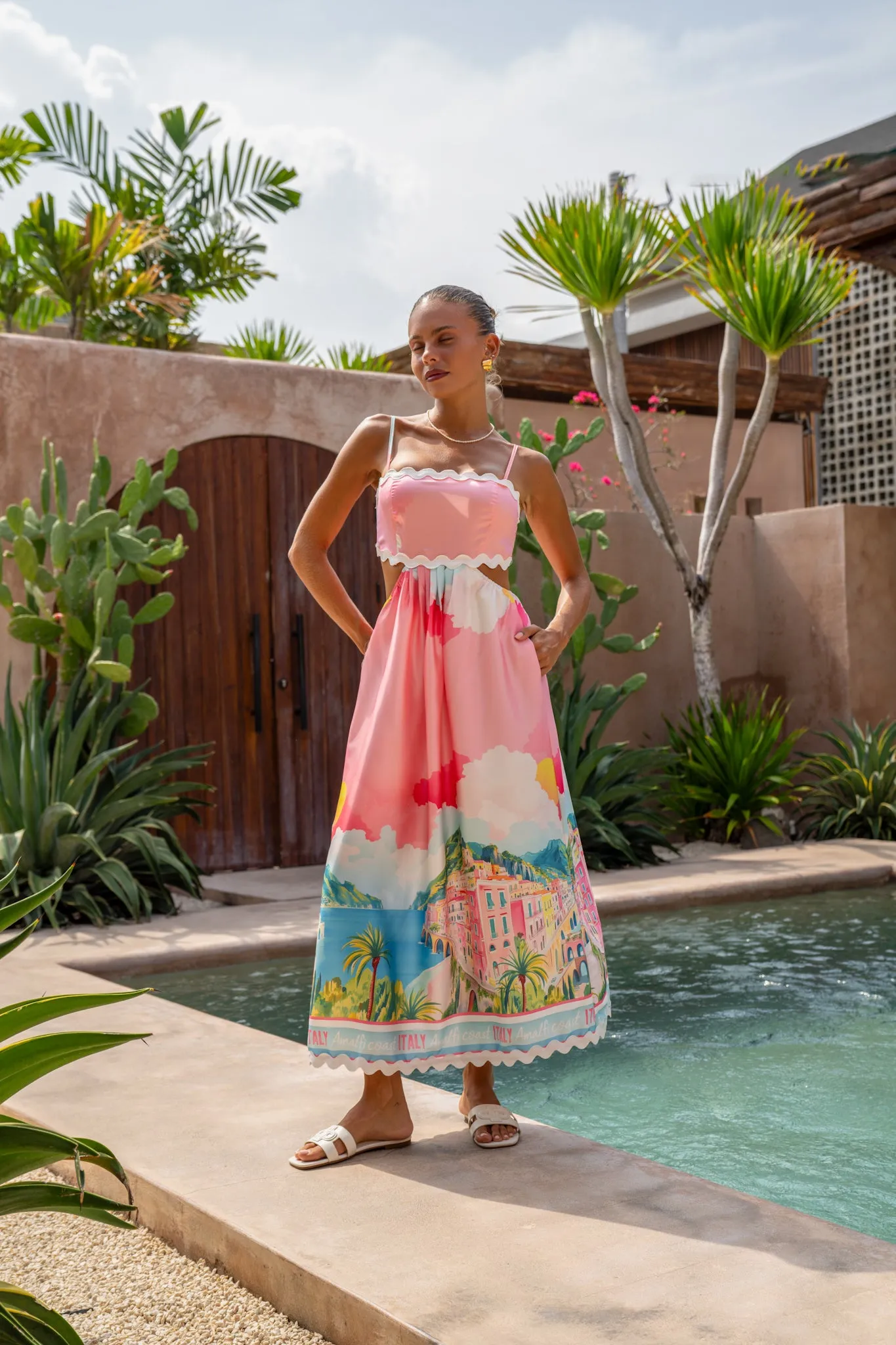 Amalfi Pink Abstract Ric Rac Cut Out Maxi Dress