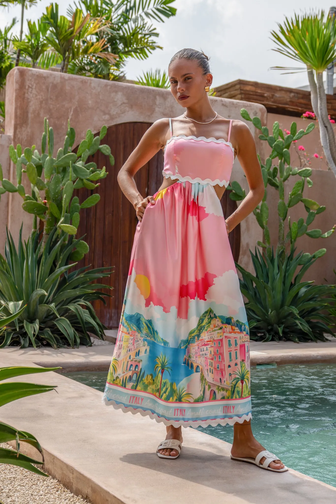 Amalfi Pink Abstract Ric Rac Cut Out Maxi Dress