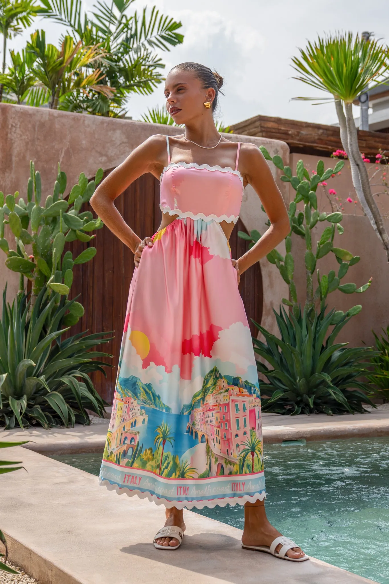 Amalfi Pink Abstract Ric Rac Cut Out Maxi Dress