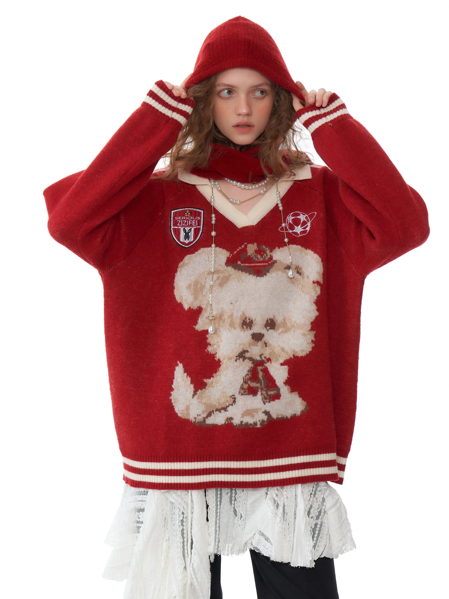 American Retro Design Polo V-neck Red Dog Sweater ZIZ0193