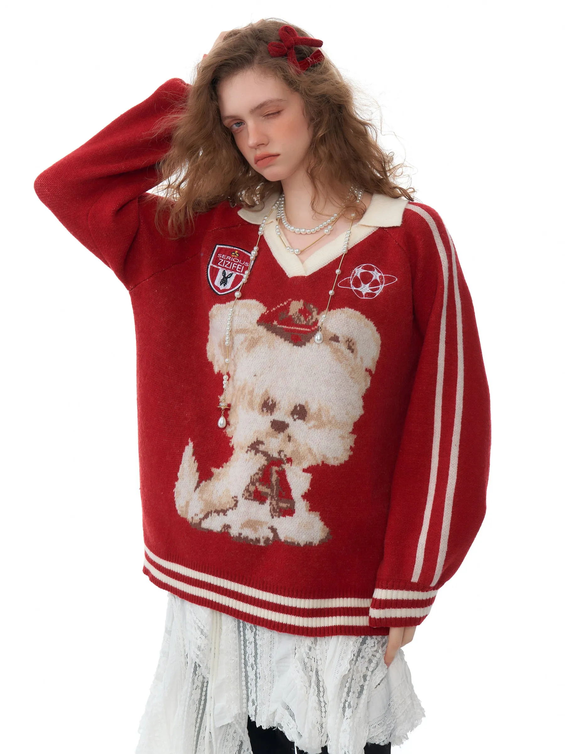 American Retro Design Polo V-neck Red Dog Sweater ZIZ0193