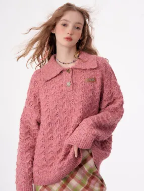 American Retro Gentle Hollow Texture Polo Collar Sweater ZIZ0009