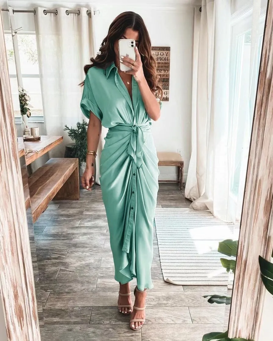 Amozae  Graduation Gift Big Sale   Ruched Elegant Women Causal Shirt Satin Dress Party Dress Half Sleeve Button Sash Maxi Long Dress Gold Dress Autumn