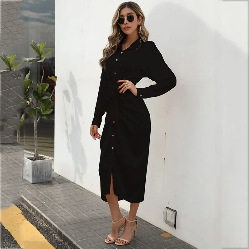 Amozae  Graduation Gift Big Sale   Ruched Elegant Women Causal Shirt Satin Dress Party Dress Half Sleeve Button Sash Maxi Long Dress Gold Dress Autumn