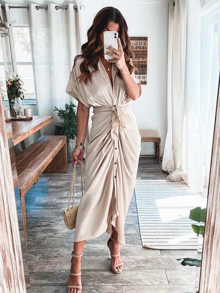 Amozae  Graduation Gift Big Sale   Ruched Elegant Women Causal Shirt Satin Dress Party Dress Half Sleeve Button Sash Maxi Long Dress Gold Dress Autumn