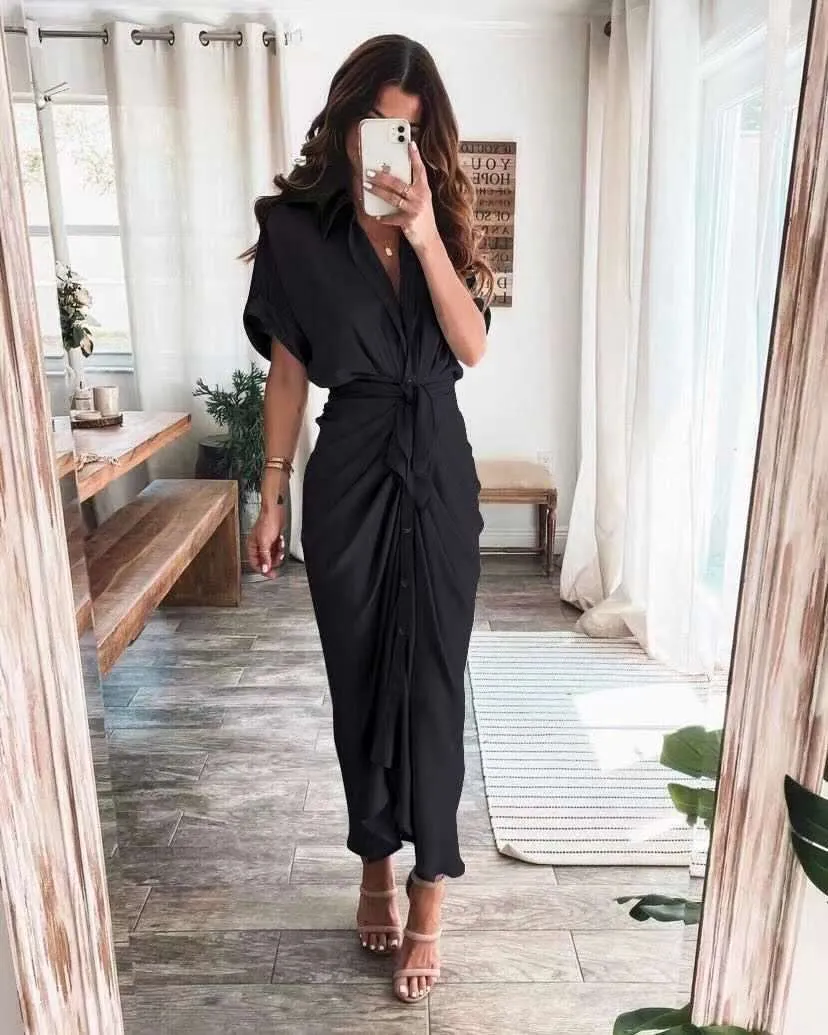 Amozae  Graduation Gift Big Sale   Ruched Elegant Women Causal Shirt Satin Dress Party Dress Half Sleeve Button Sash Maxi Long Dress Gold Dress Autumn