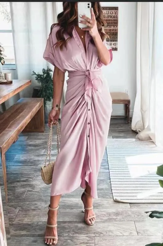 Amozae  Graduation Gift Big Sale   Ruched Elegant Women Causal Shirt Satin Dress Party Dress Half Sleeve Button Sash Maxi Long Dress Gold Dress Autumn