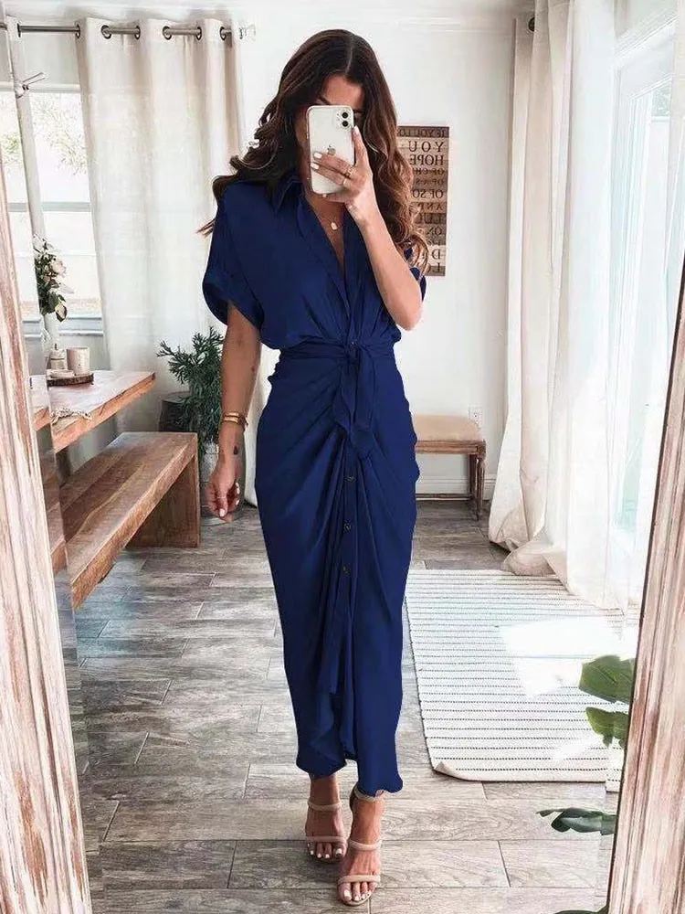 Amozae  Graduation Gift Big Sale   Ruched Elegant Women Causal Shirt Satin Dress Party Dress Half Sleeve Button Sash Maxi Long Dress Gold Dress Autumn