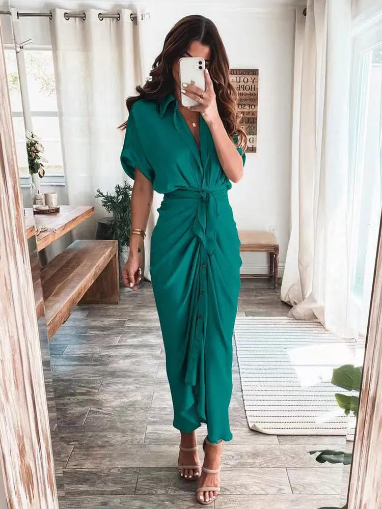 Amozae  Graduation Gift Big Sale   Ruched Elegant Women Causal Shirt Satin Dress Party Dress Half Sleeve Button Sash Maxi Long Dress Gold Dress Autumn