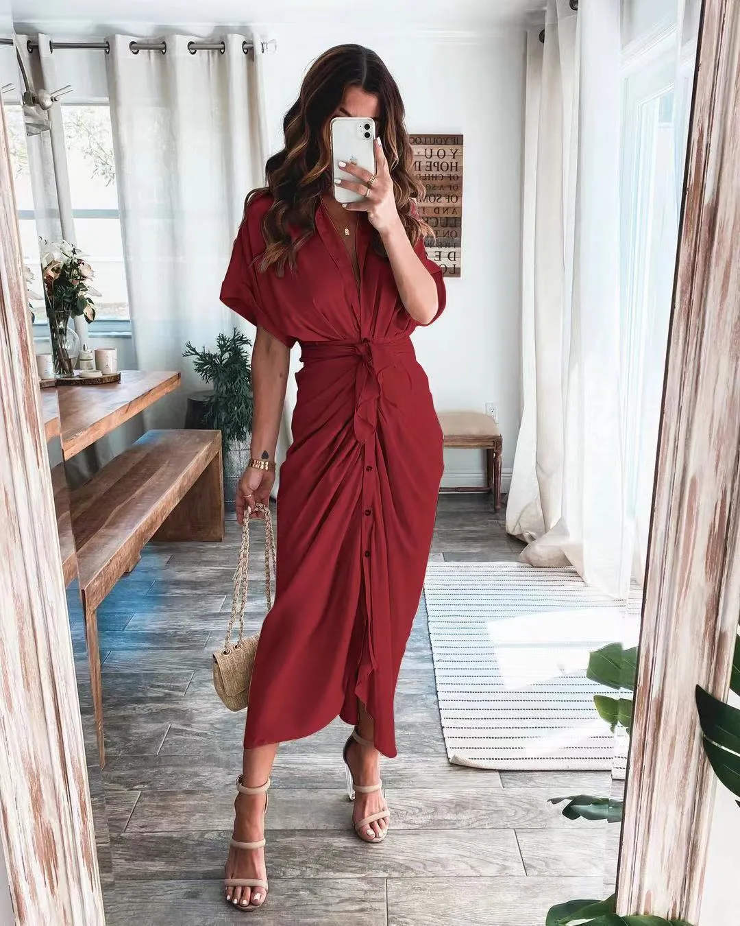 Amozae  Graduation Gift Big Sale   Ruched Elegant Women Causal Shirt Satin Dress Party Dress Half Sleeve Button Sash Maxi Long Dress Gold Dress Autumn