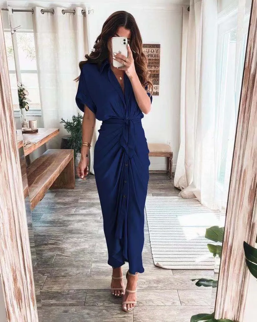 Amozae  Graduation Gift Big Sale   Ruched Elegant Women Causal Shirt Satin Dress Party Dress Half Sleeve Button Sash Maxi Long Dress Gold Dress Autumn