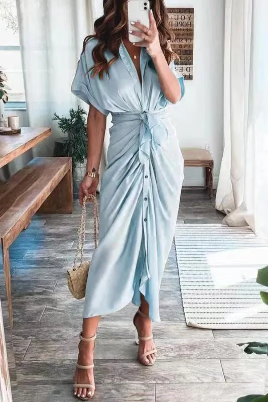 Amozae  Graduation Gift Big Sale   Ruched Elegant Women Causal Shirt Satin Dress Party Dress Half Sleeve Button Sash Maxi Long Dress Gold Dress Autumn