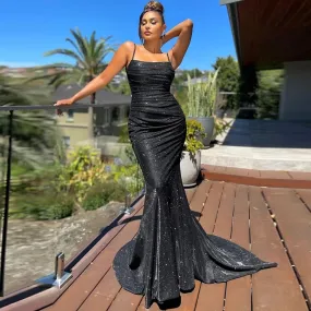 Amozae-Graduation Gift Big Sale Square Collar Satin Maxi Dress Long Train Mermaid Sleeveless Evening Party Tank Dress Stretch Black Floor Length Gown