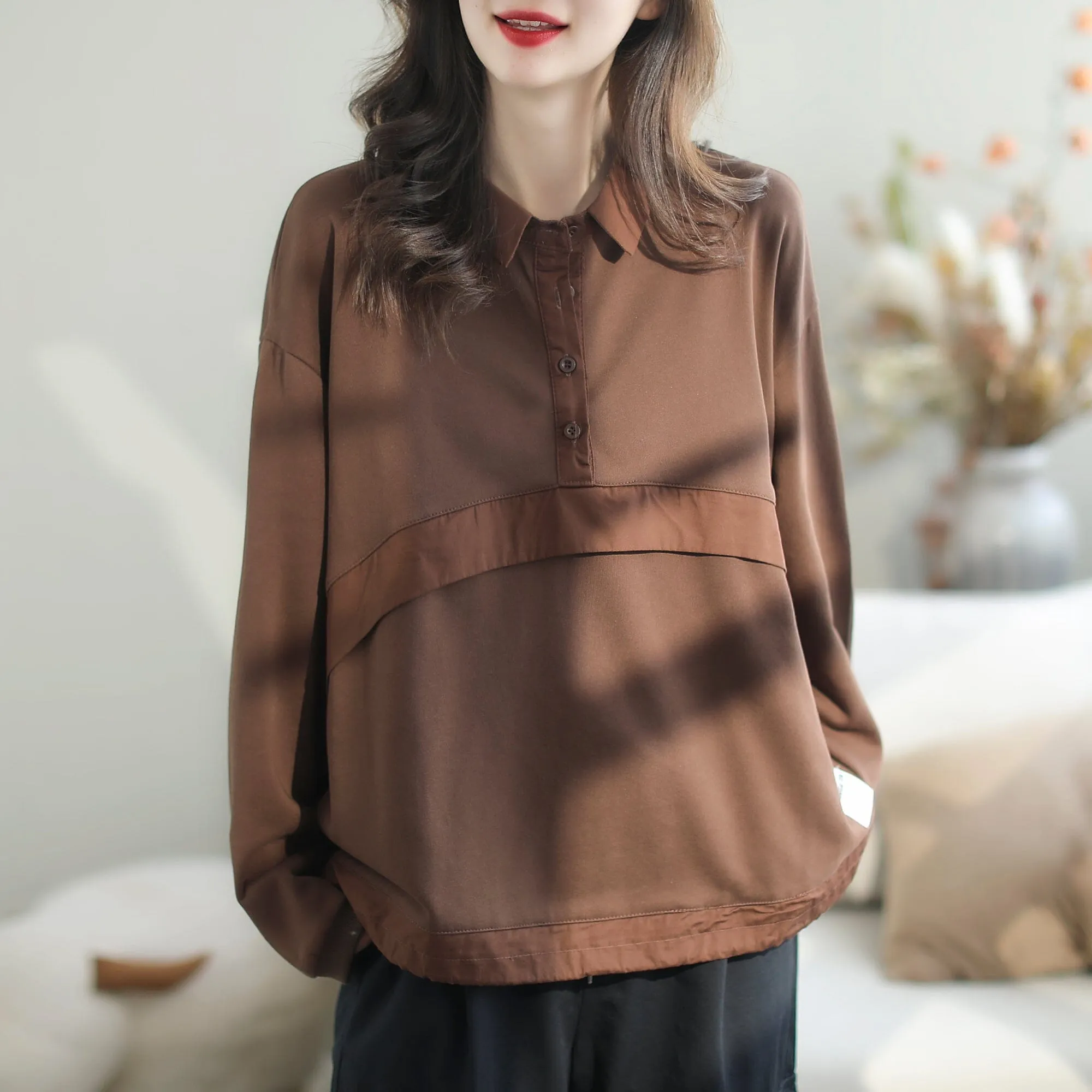 Autumn Loose Patchwork Cotton Polo Neck Sweater