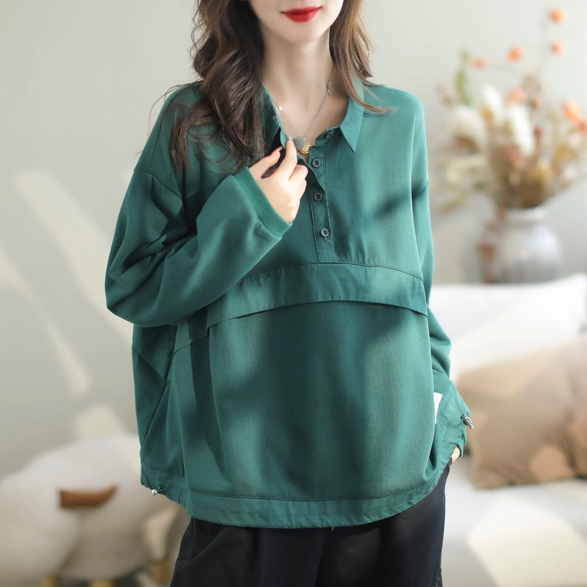 Autumn Loose Patchwork Cotton Polo Neck Sweater