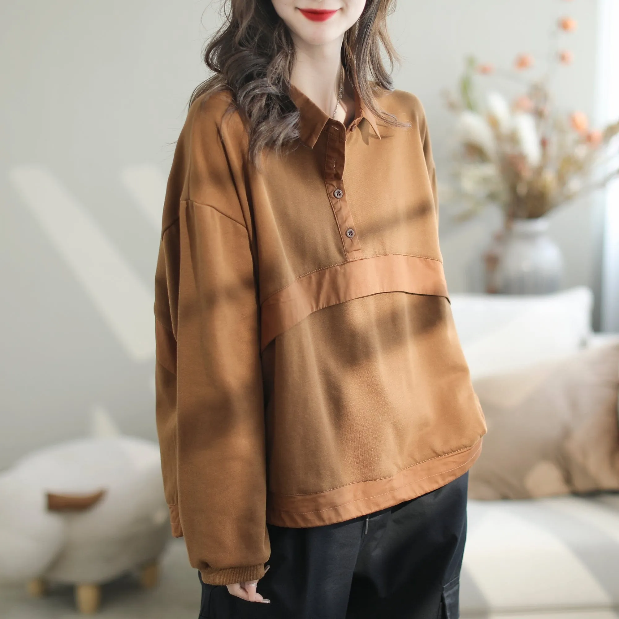 Autumn Loose Patchwork Cotton Polo Neck Sweater