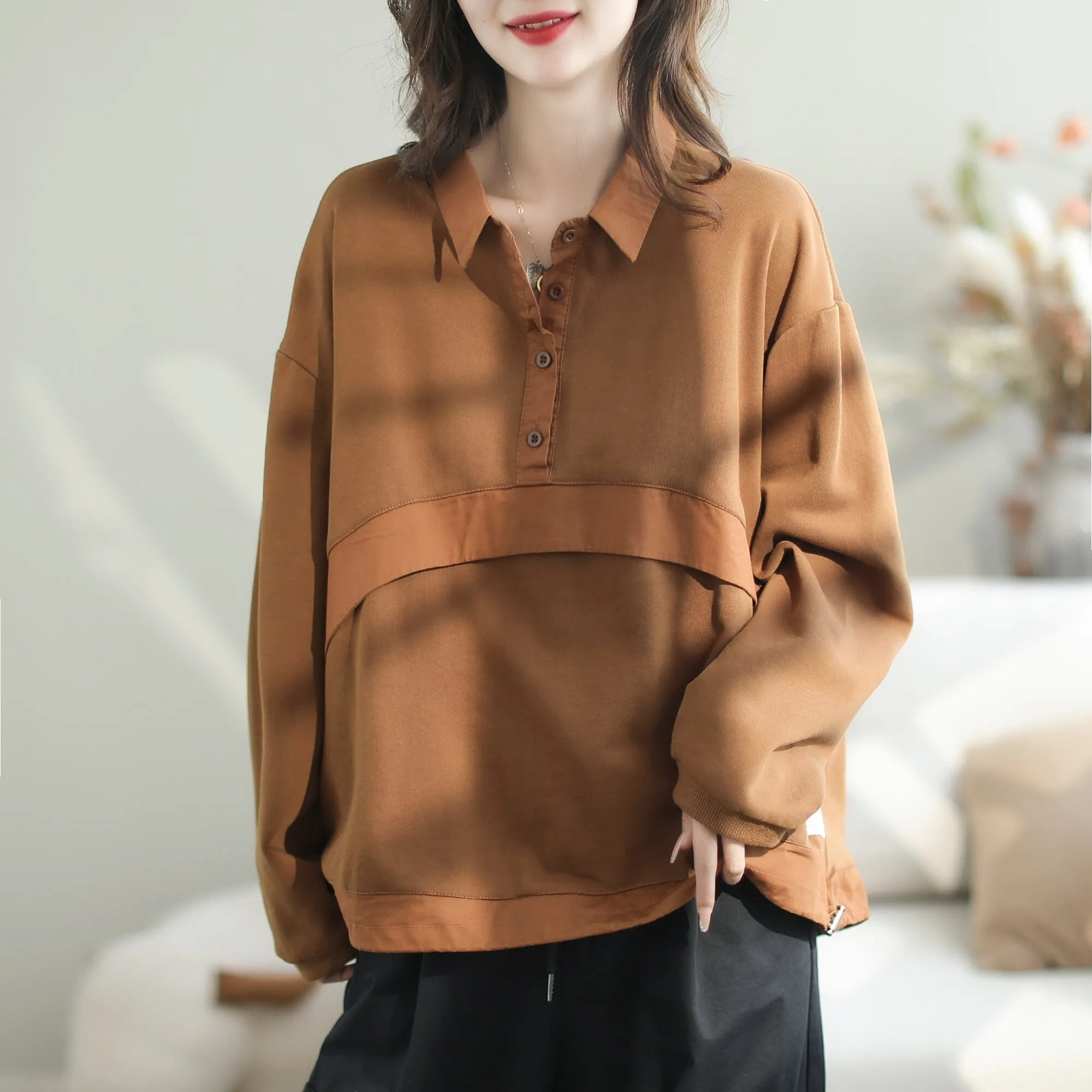 Autumn Loose Patchwork Cotton Polo Neck Sweater