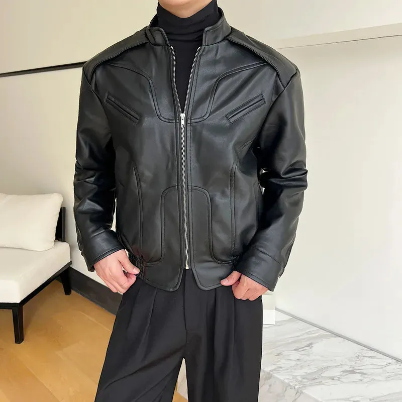 Autumn Winter High Grade Men's Standing Collar PU Leather Jacket Black Motorcycle Clothes Handsome Korean Style Coat 9C3074