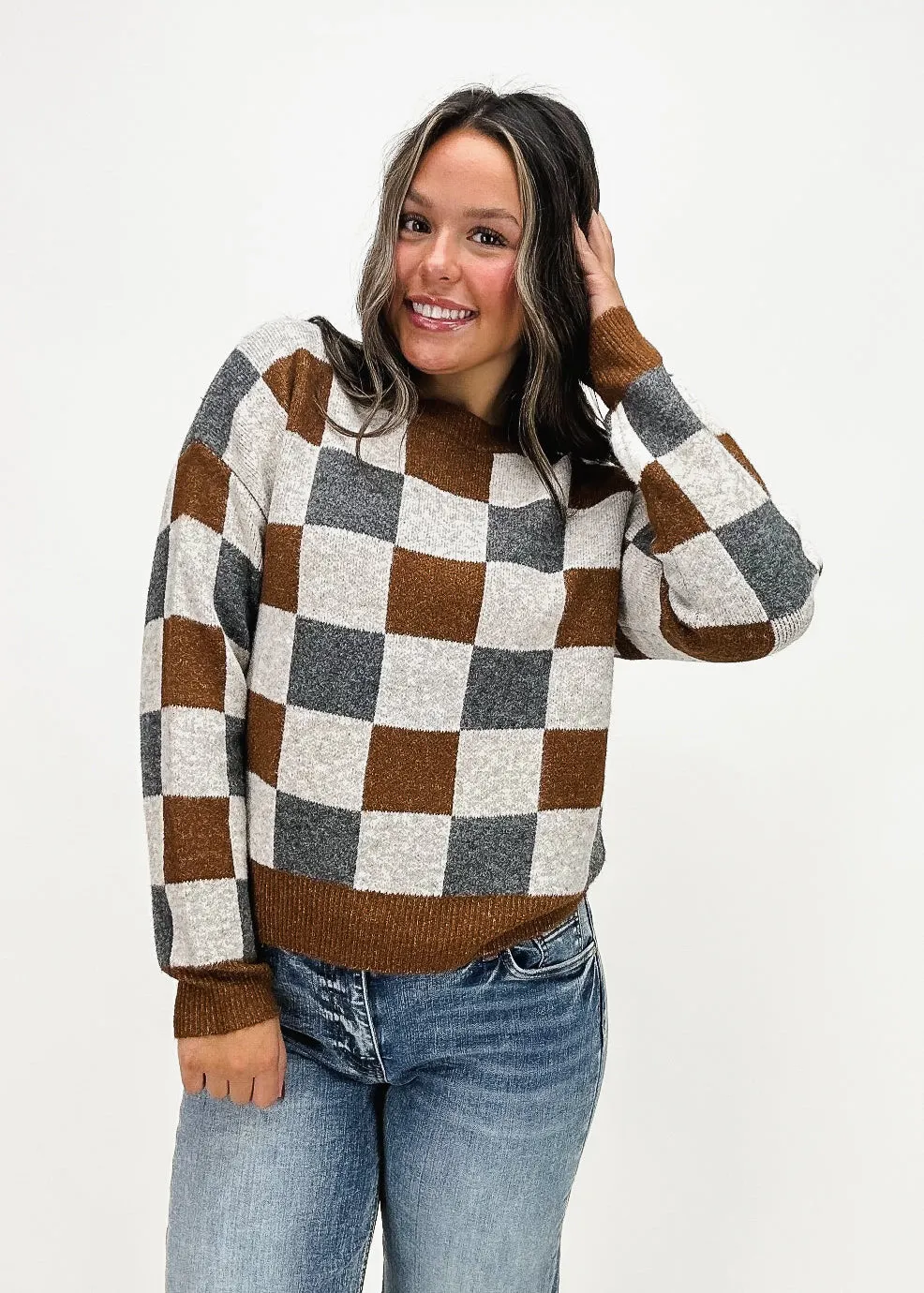 Ava Checkered Crew Neck Sweater