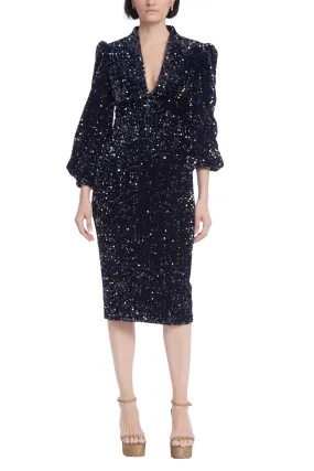 Badgley Mischka Long-Sleeved Sequins Velvet Coat Dress