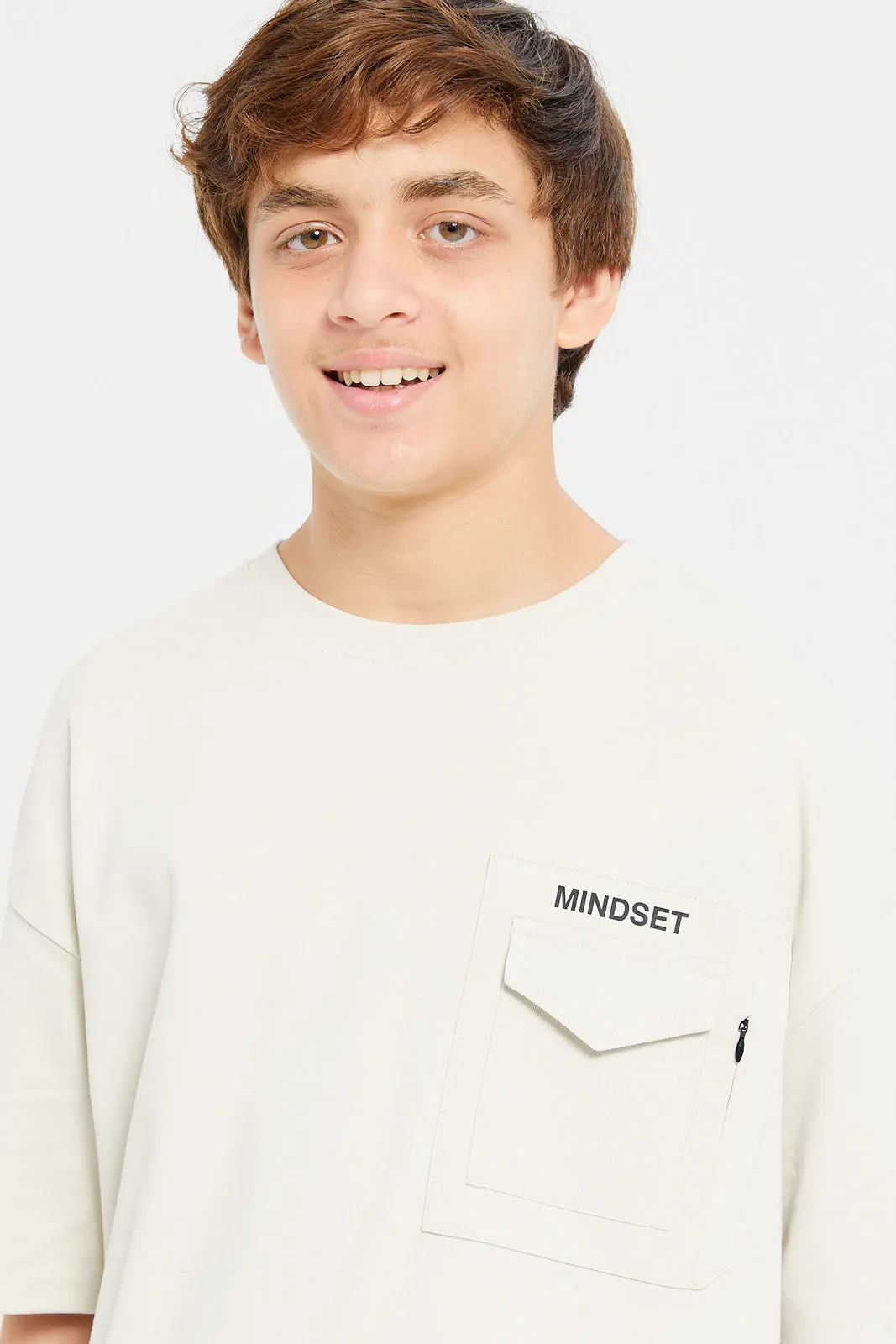 Beige Mindset Oversize Tee With Zip Pocket