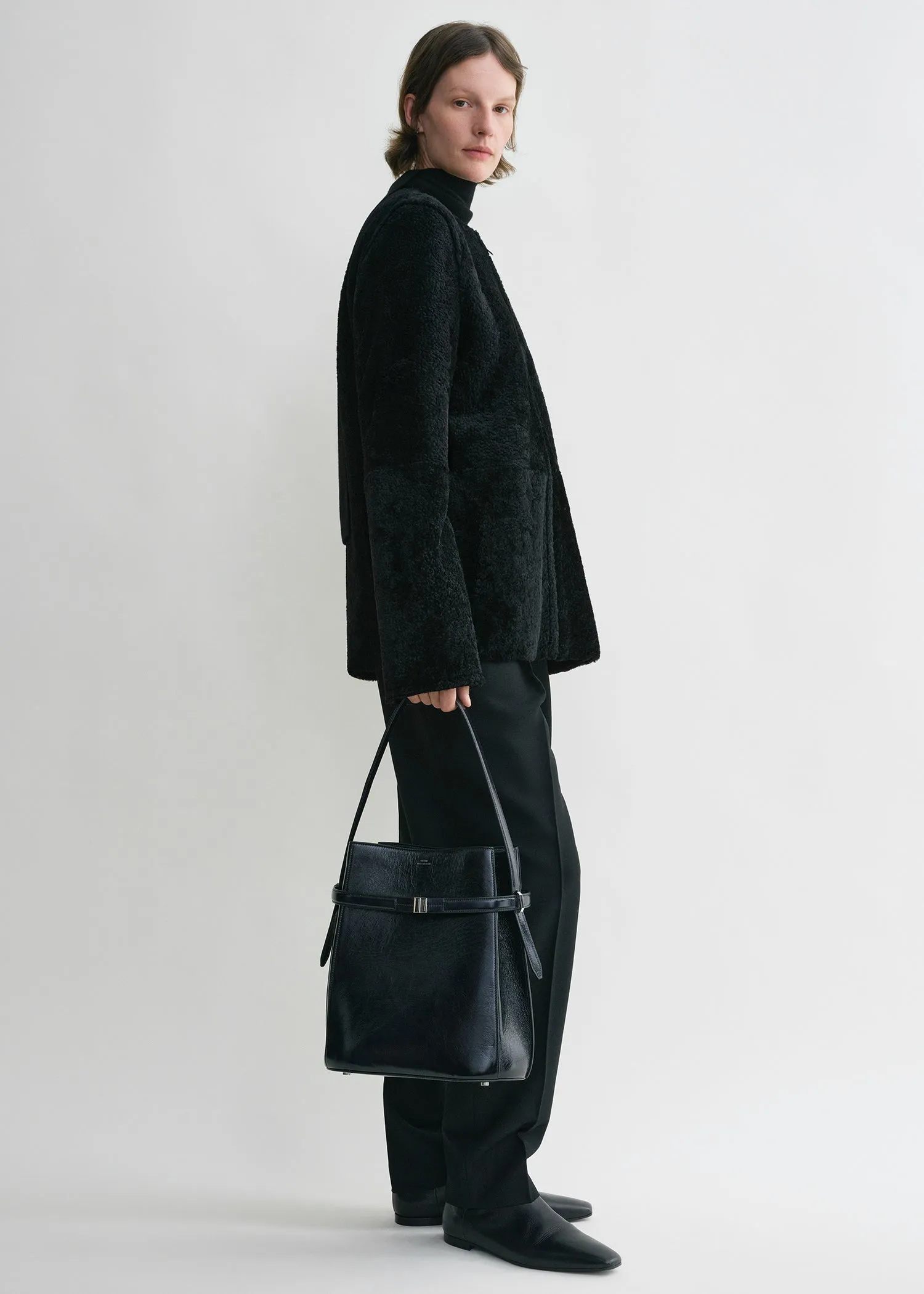 Belted naplack-leather bucket bag navy