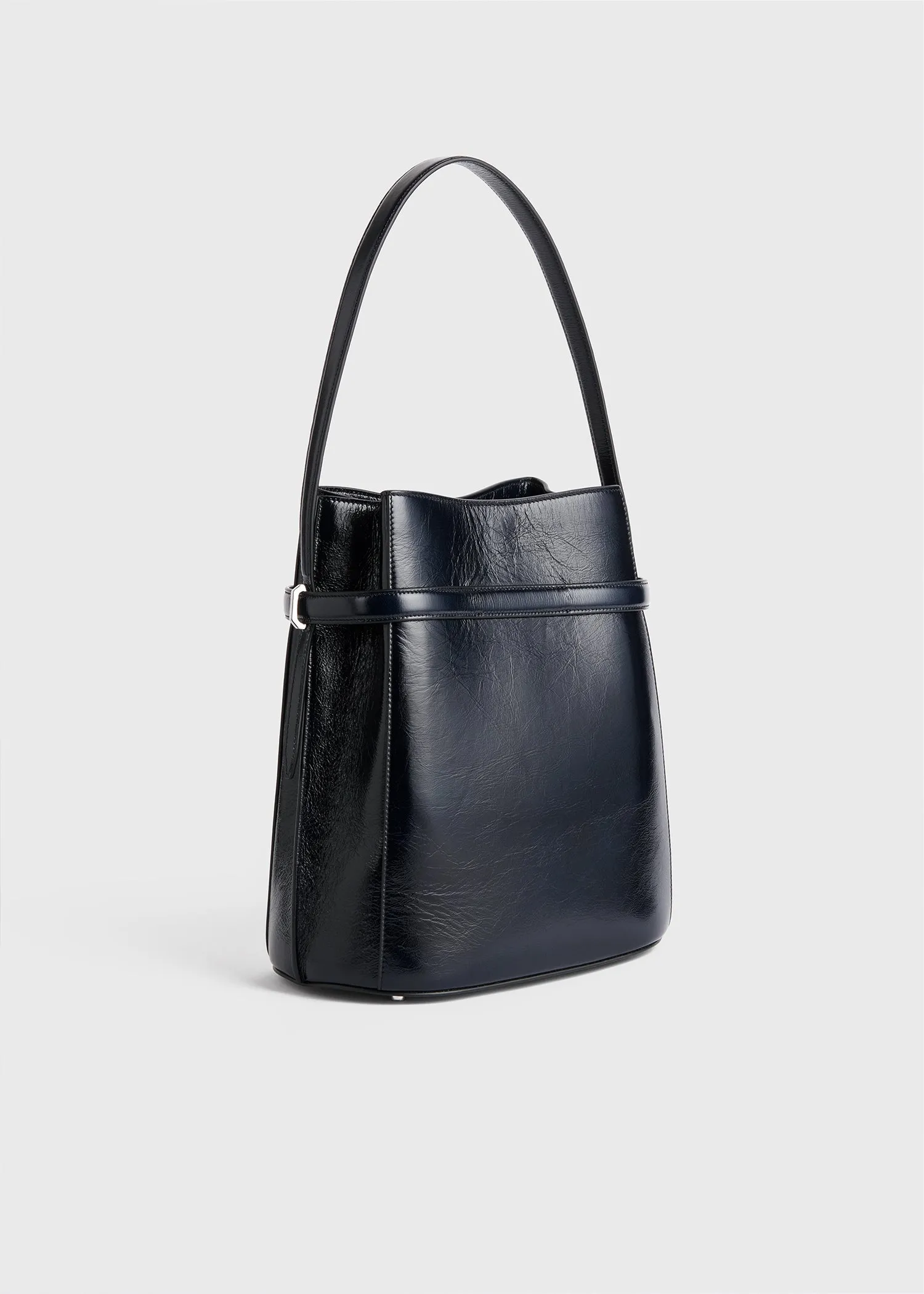 Belted naplack-leather bucket bag navy