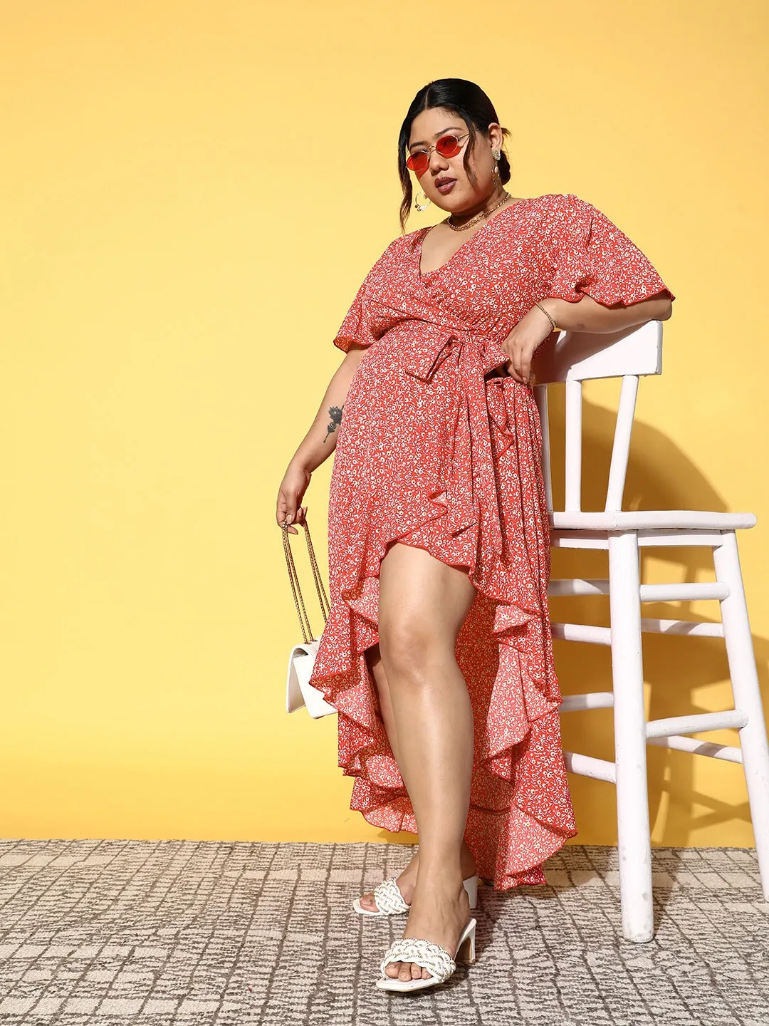 Berrylush Women Plus Size Coral Orange & White Floral Printed V-Neck Waist Tie-Up Crepe Flounce Hem Wrap Maxi Dress