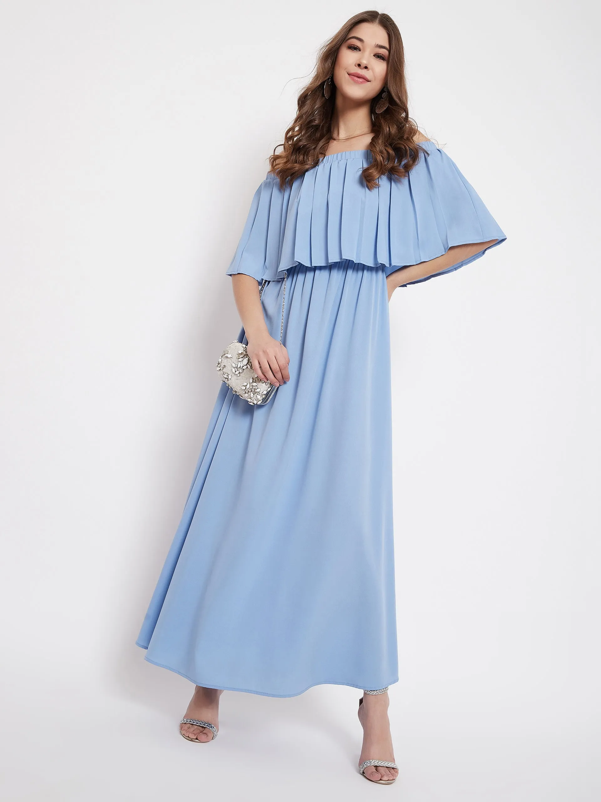 Berrylush Women Solid Blue Off-Shoulder Neck Three-Quarter Sleeve Pleated Maxi Dress