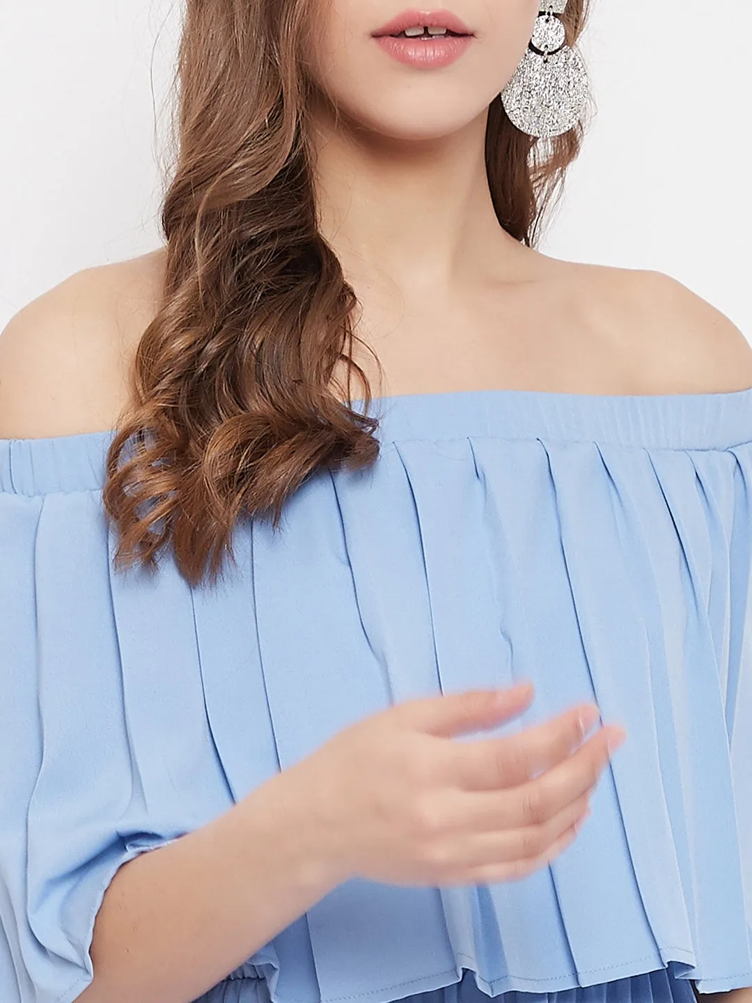 Berrylush Women Solid Blue Off-Shoulder Neck Three-Quarter Sleeve Pleated Maxi Dress