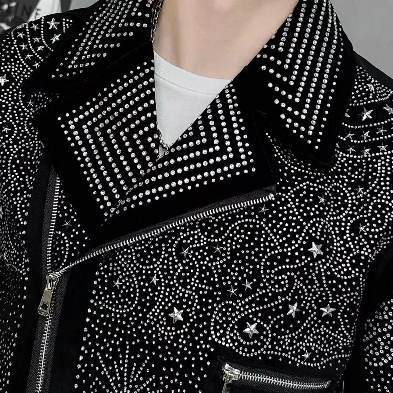 Black Rhinestones Faux Leather Jacket