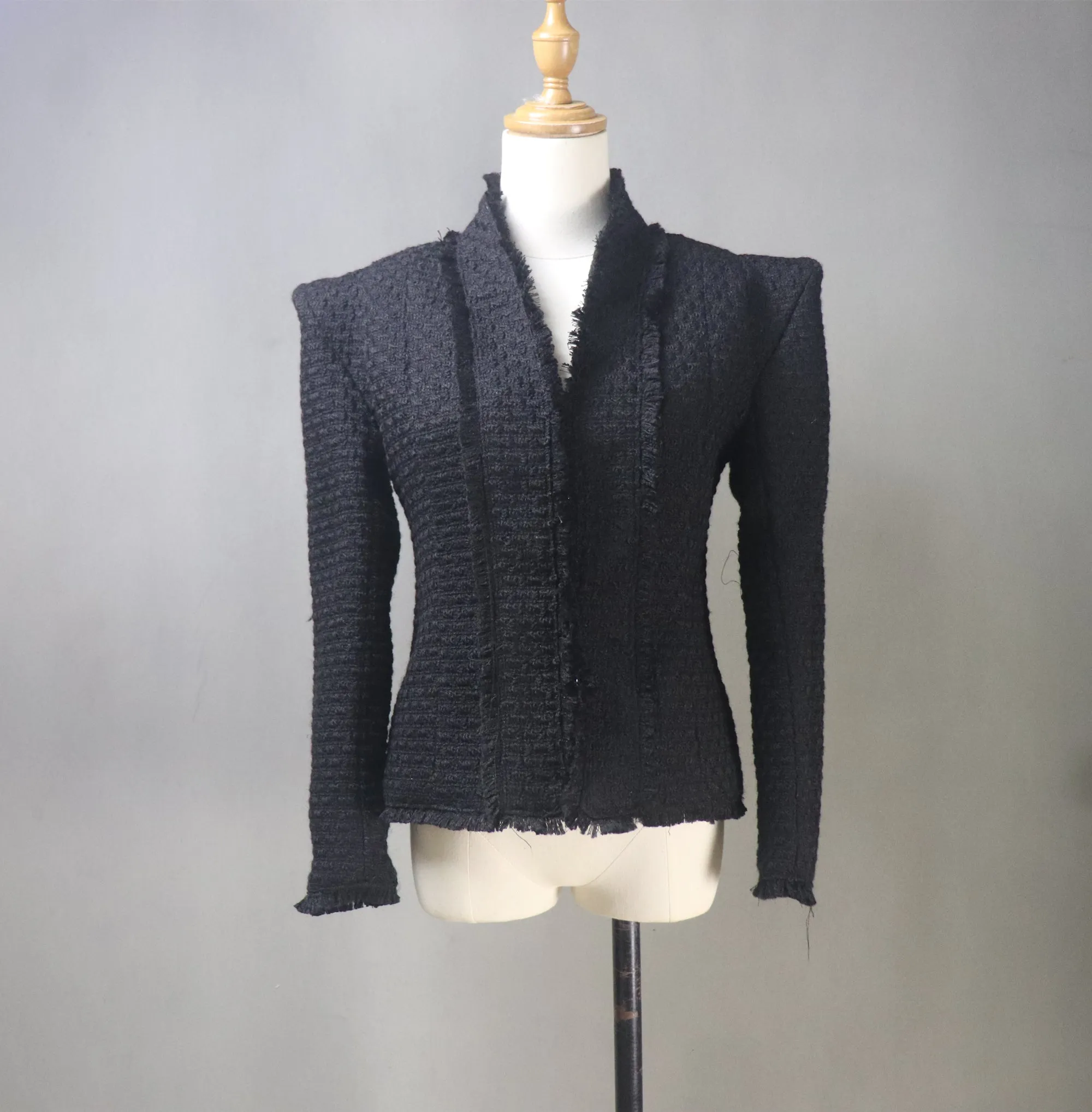 Black Tweed Jacket With High Wide Shoulder