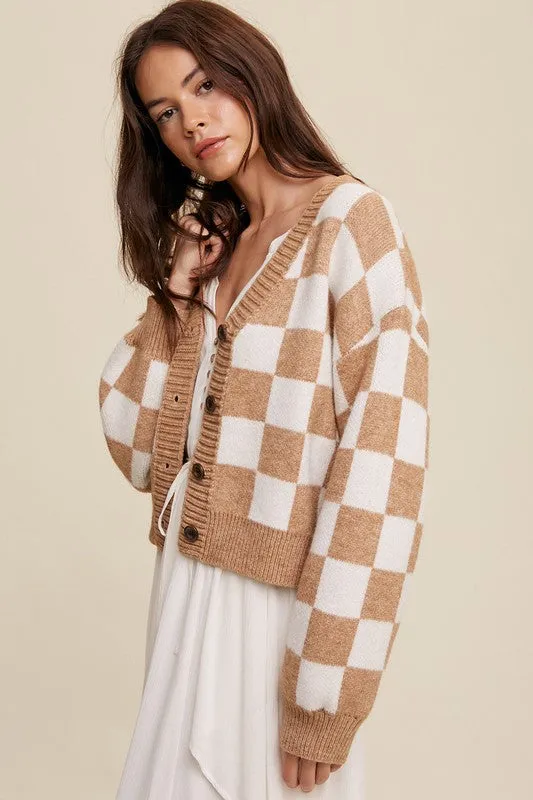 Bold Checkered Gingham Sweater Weaved Crop Cardigan | 3 Colors