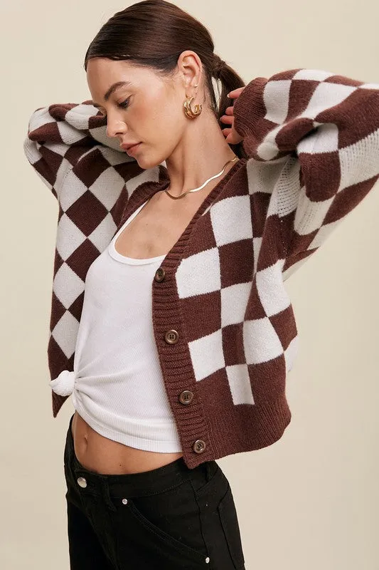 Bold Checkered Gingham Sweater Weaved Crop Cardigan | 3 Colors