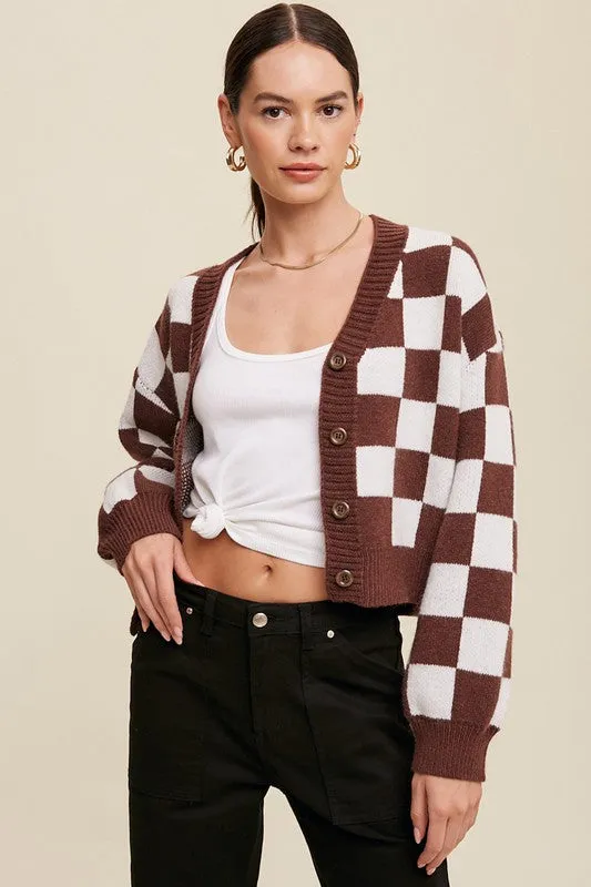 Bold Checkered Gingham Sweater Weaved Crop Cardigan | 3 Colors