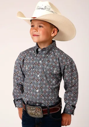 BOYS LONG SLEEVE BUTTON SILVER FOULARD WESTERN SHIRT