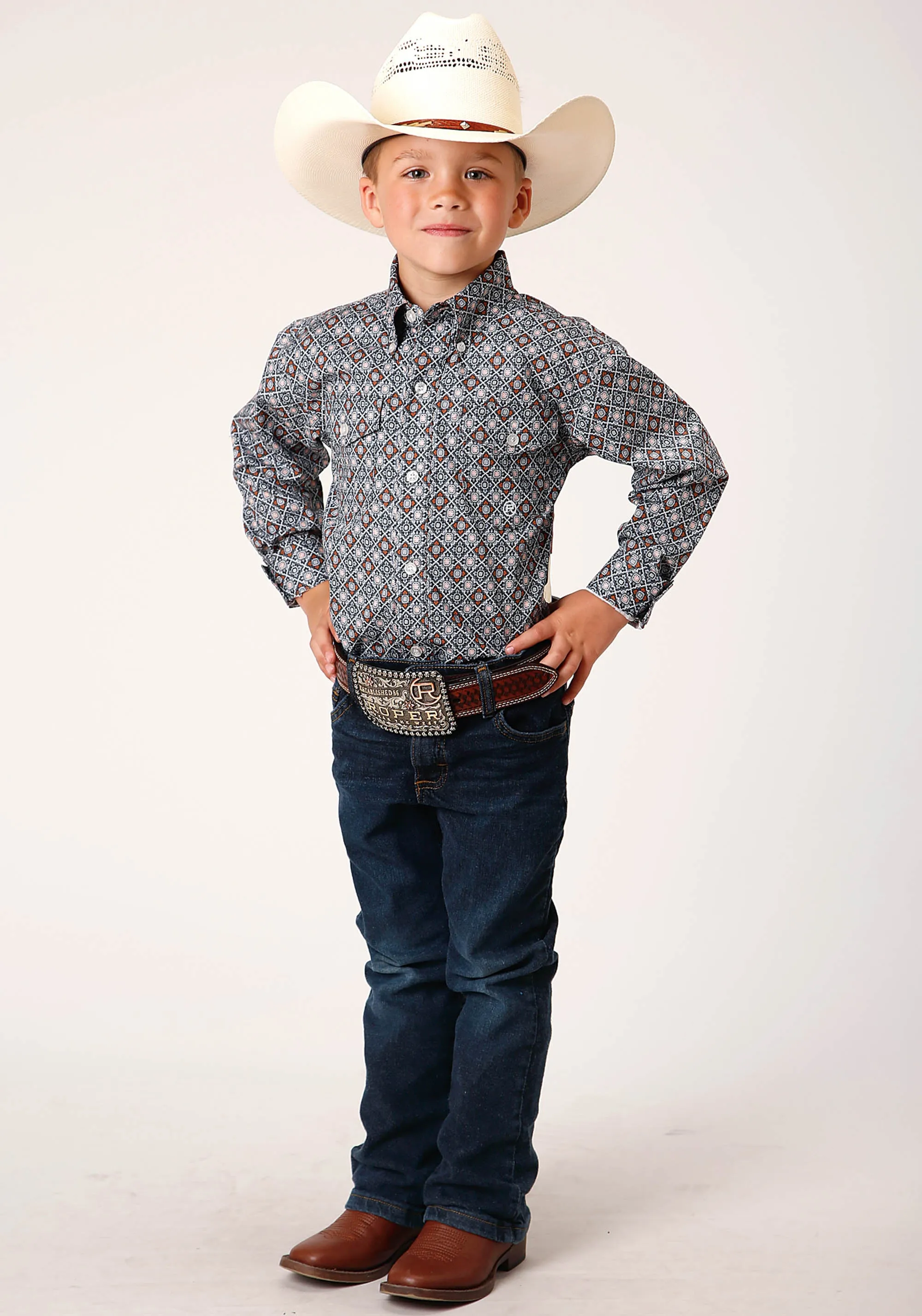 BOYS LONG SLEEVE BUTTON SILVER FOULARD WESTERN SHIRT