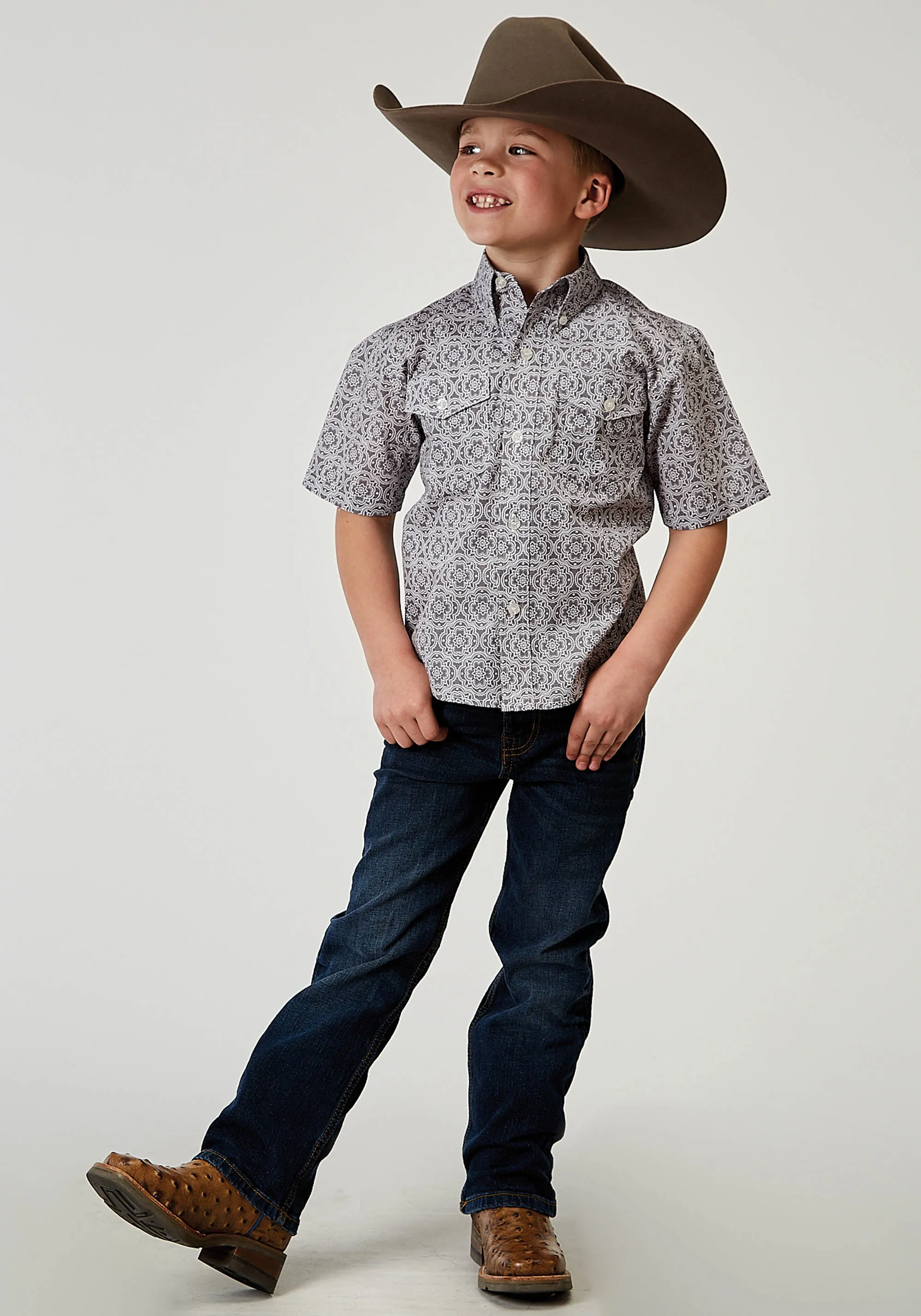 BOYS SHORT SLEEVE BUTTON SILVER MEDALLION WESTERN SHIRT